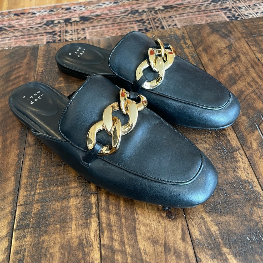a new day Black Leather Mules with Gold Chain Accent